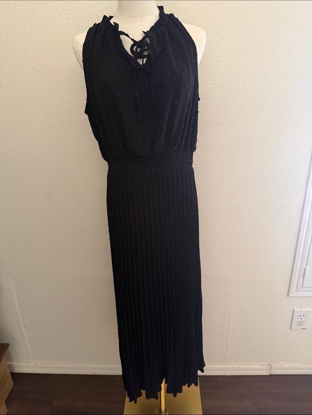 Sleeveless Black Midi pleated Dress with Swiss dot detail and tie neck